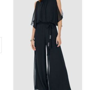 MSKJ Women's Black Blouson Cold-Shoulder Wide Leg Jumpsuit Size PL